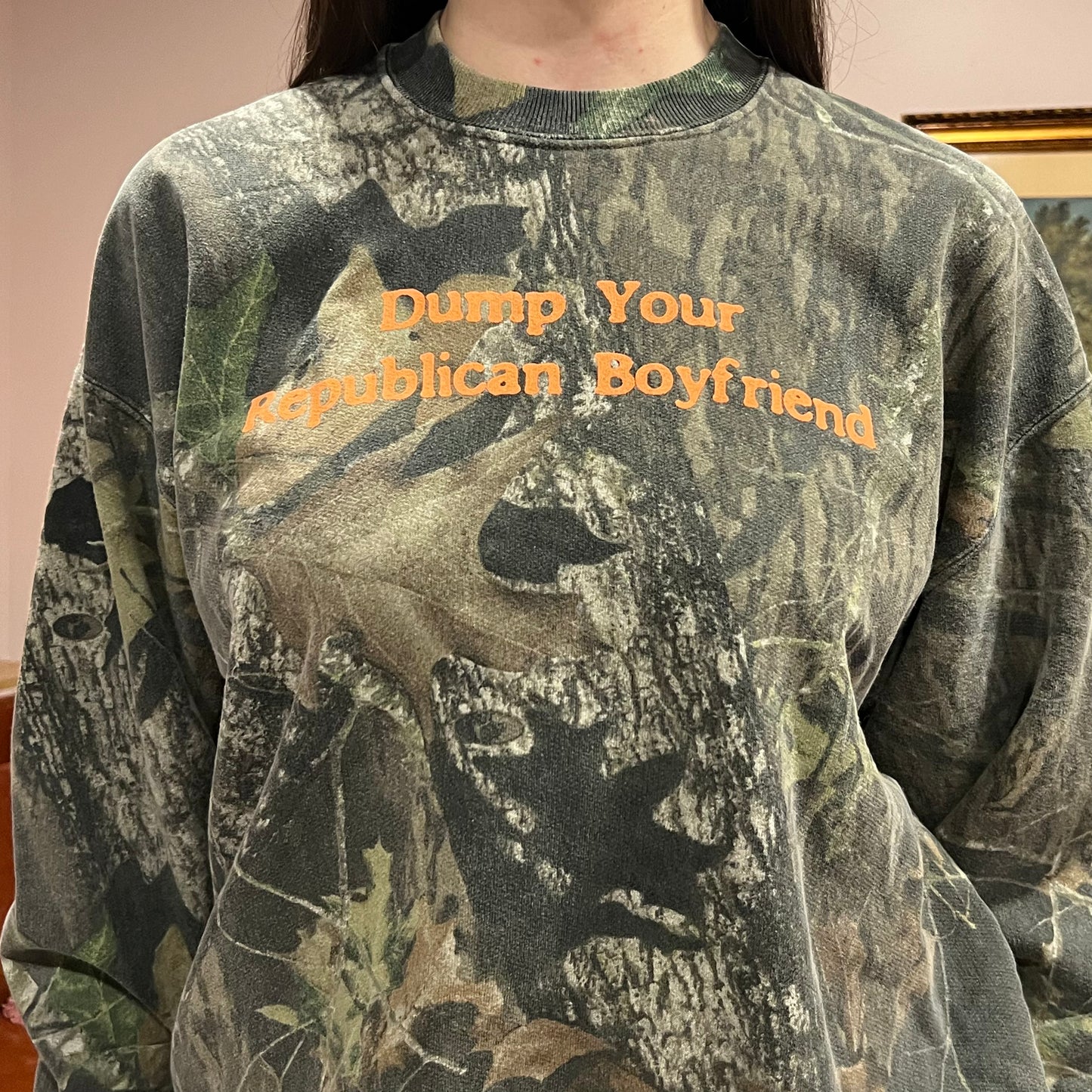 DUMP YOUR REPUBLICAN BOYFRIEND camo crewneck with orange text (L)
