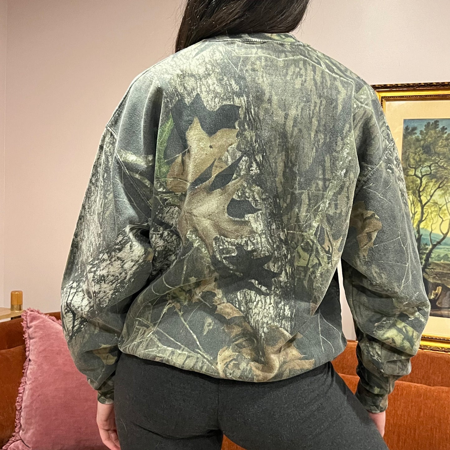 DUMP YOUR REPUBLICAN BOYFRIEND camo crewneck with orange text (L)