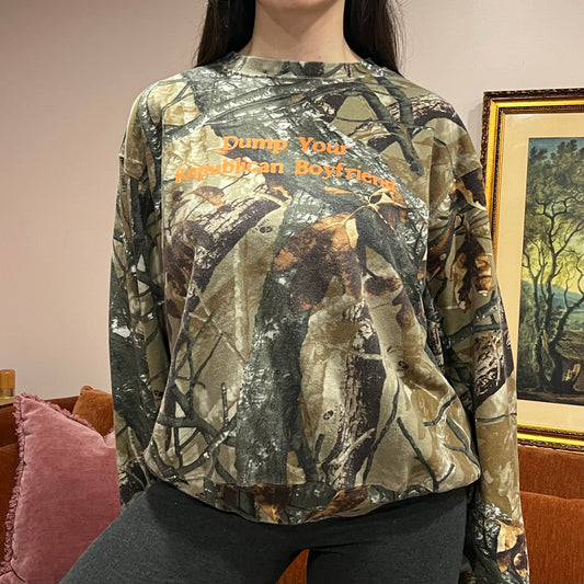 DUMP YOUR REPUBLICAN BOYFRIEND camo crewneck with orange text (XL)
