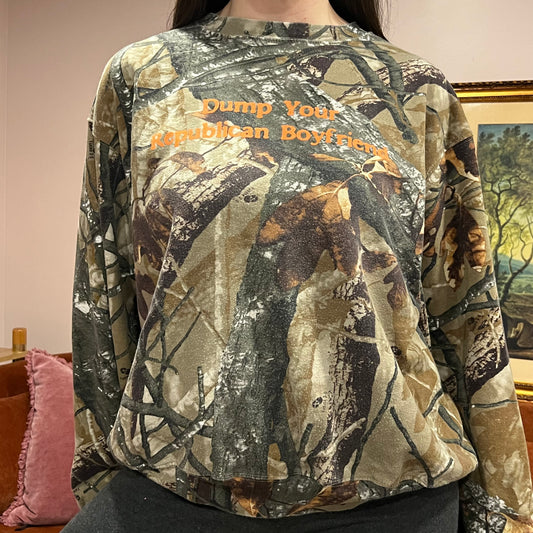 DUMP YOUR REPUBLICAN BOYFRIEND camo crewneck with orange text (XL)