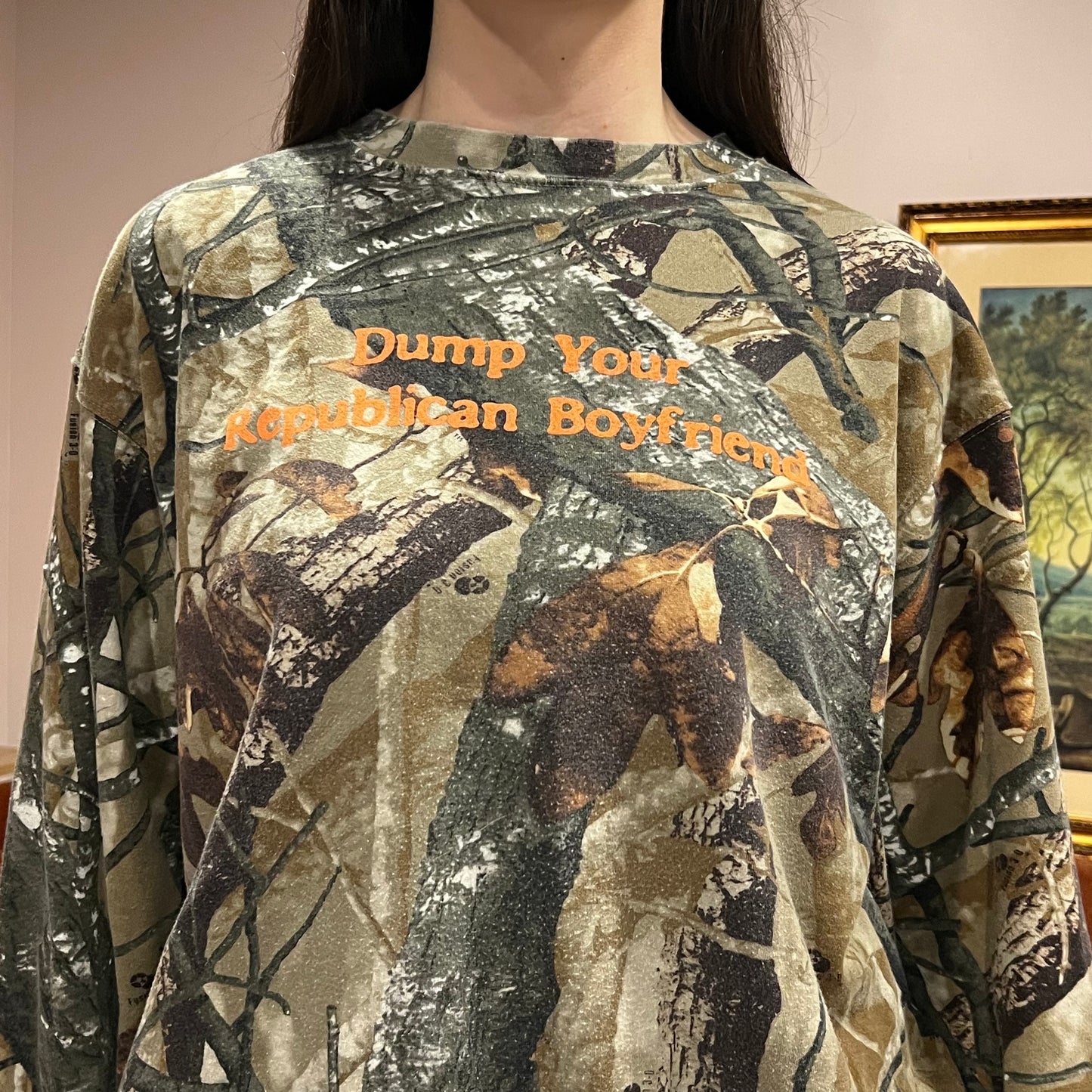 DUMP YOUR REPUBLICAN BOYFRIEND camo crewneck with orange text (XL)