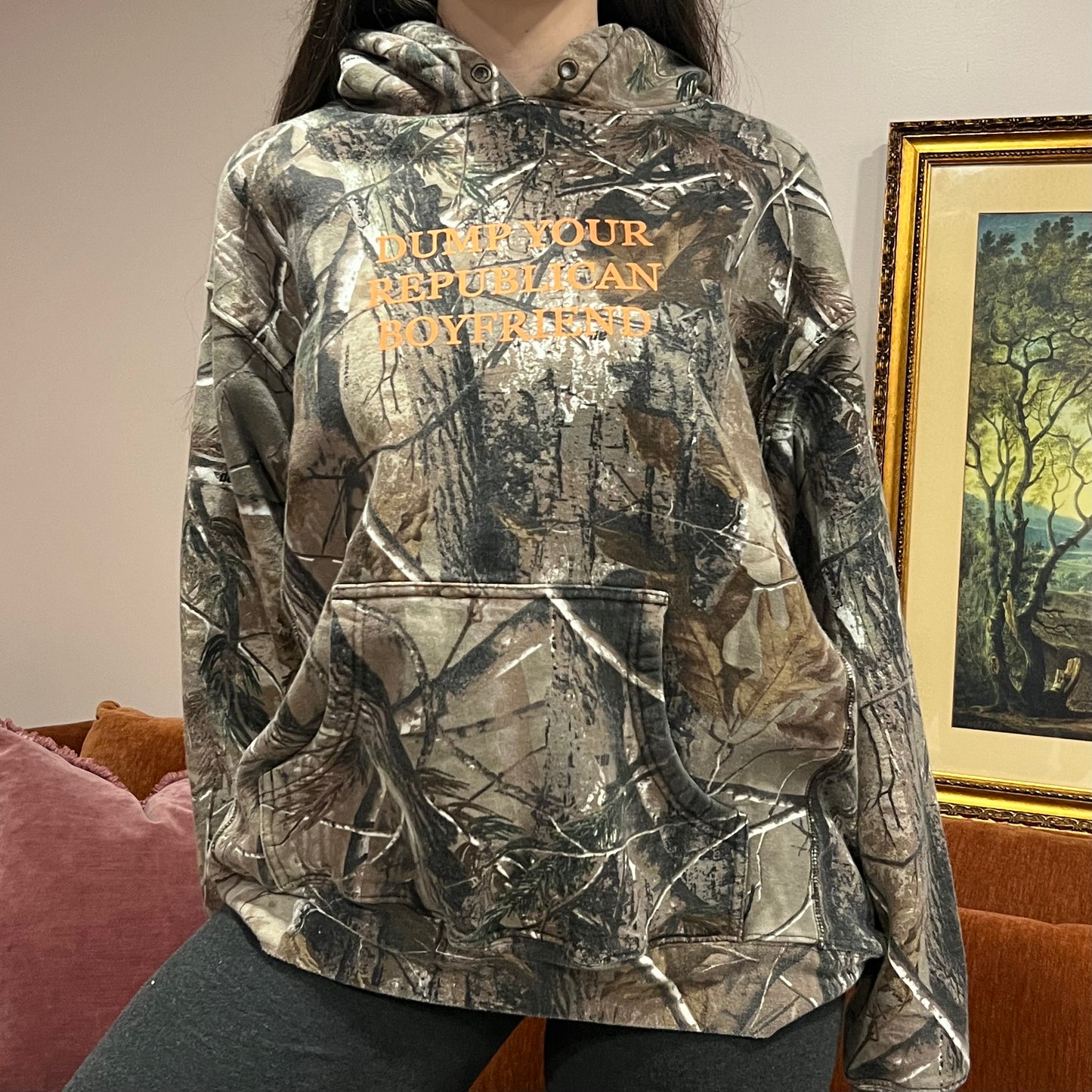 DUMP YOUR REPUBLICAN BOYFRIEND camo hoodie with orange text (XL)