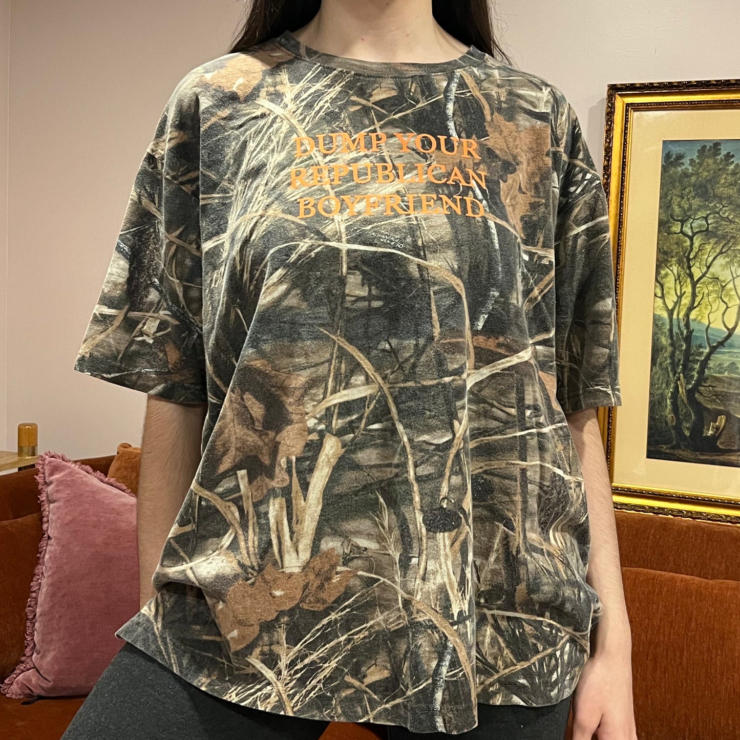 DUMP YOUR REPUBLICAN BOYFRIEND camo t-shirt with orange text (2XL)