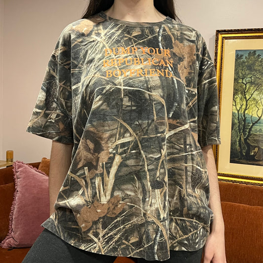 DUMP YOUR REPUBLICAN BOYFRIEND camo t-shirt with orange text (2XL)