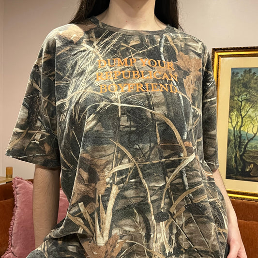 DUMP YOUR REPUBLICAN BOYFRIEND camo t-shirt with orange text (2XL)