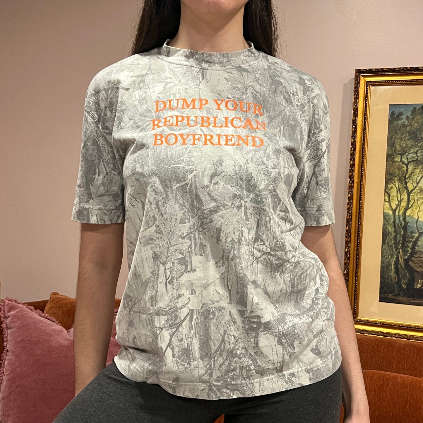 DUMP YOUR REPUBLICAN BOYFRIEND white camo t-shirt with orange text (S)