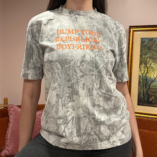 DUMP YOUR REPUBLICAN BOYFRIEND white camo t-shirt with orange text (S)