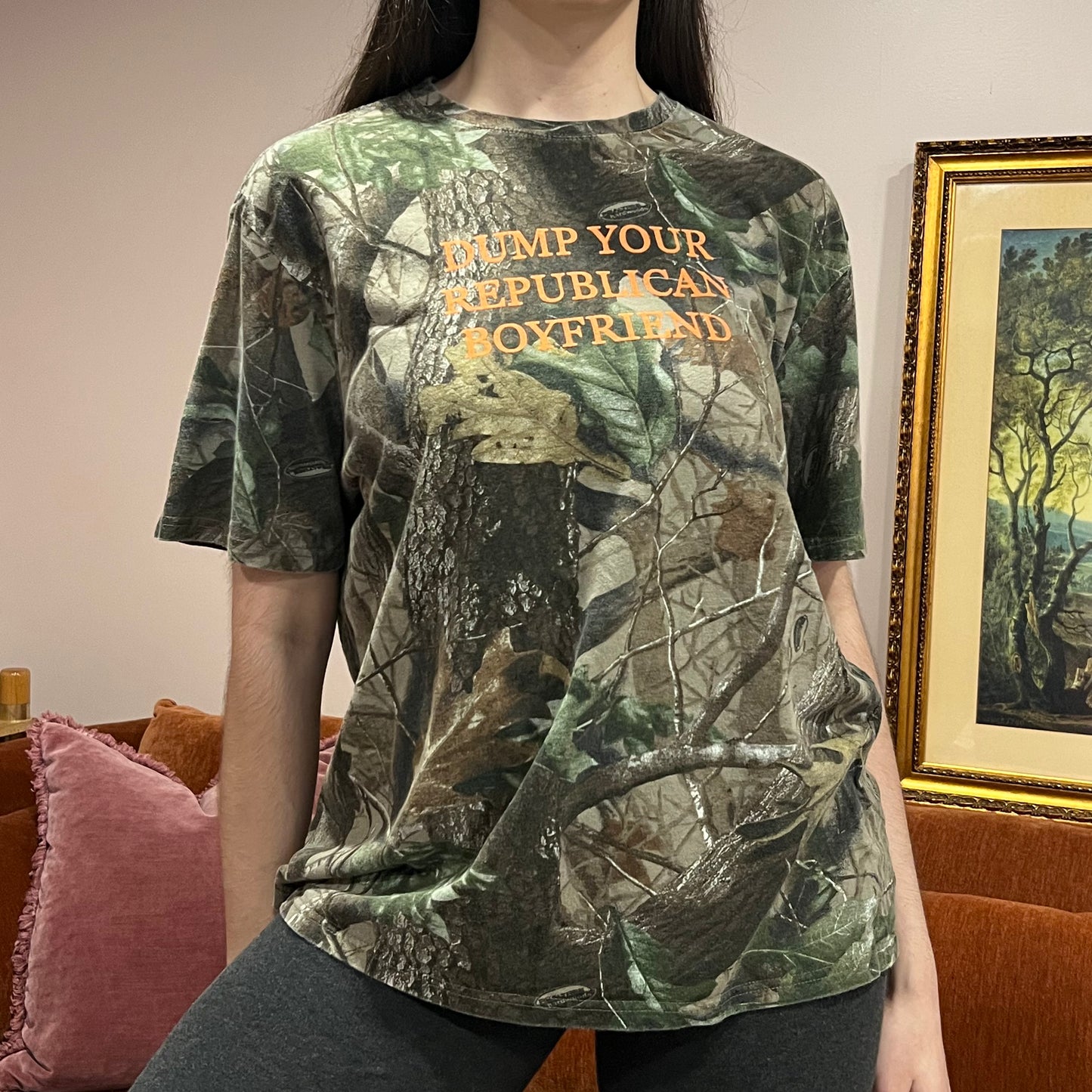 DUMP YOUR REPUBLICAN BOYFRIEND camo t-shirt with orange text (L)