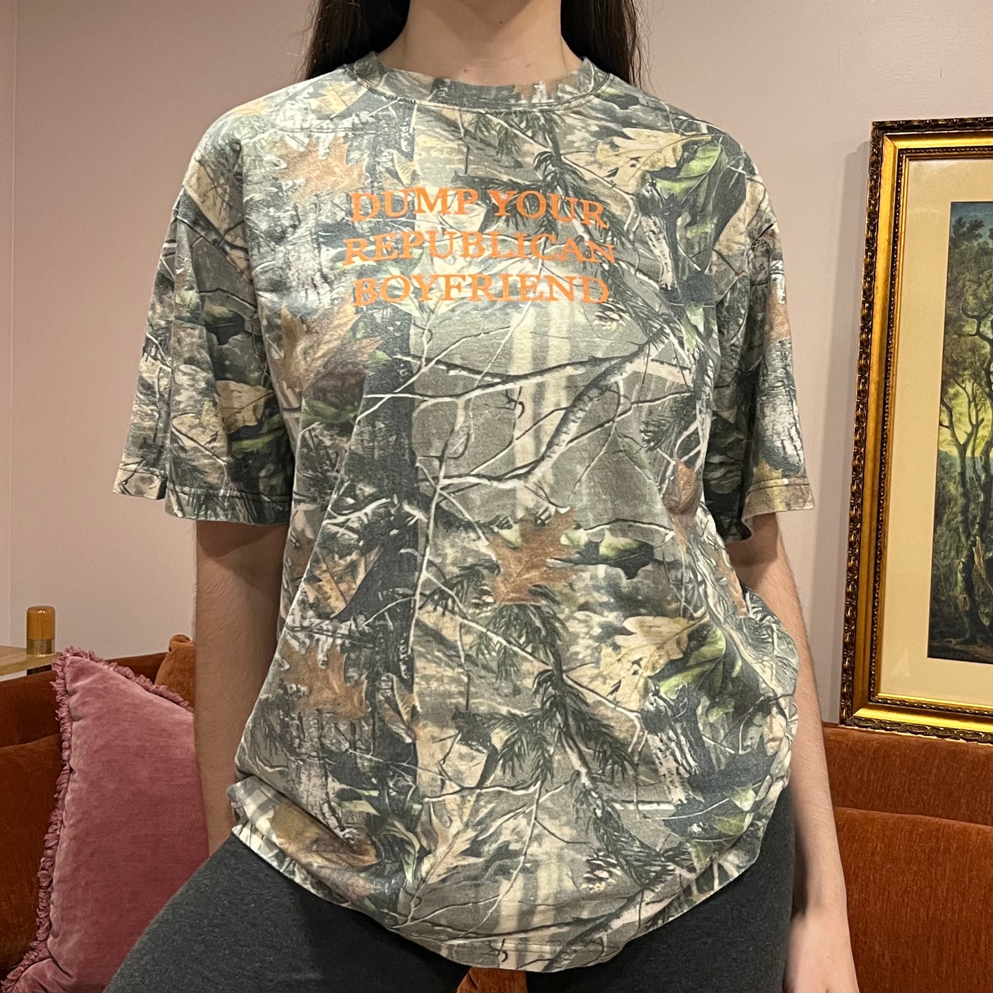 DUMP YOUR REPUBLICAN BOYFRIEND camo t-shirt with orange text (M)