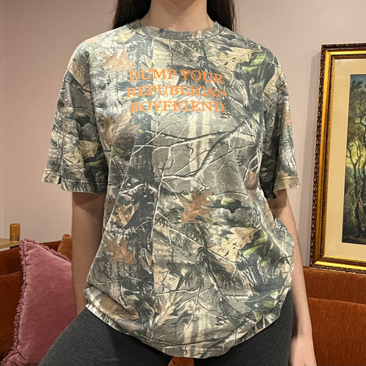 DUMP YOUR REPUBLICAN BOYFRIEND camo t-shirt with orange text (M)