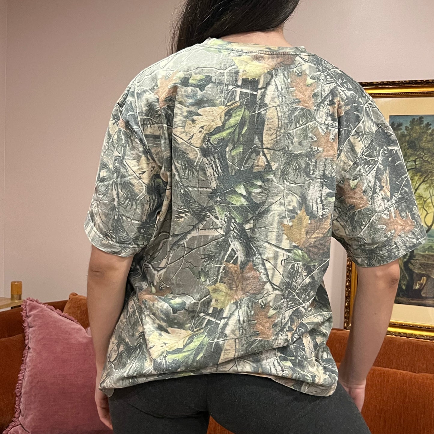 DUMP YOUR REPUBLICAN BOYFRIEND camo t-shirt with orange text (M)