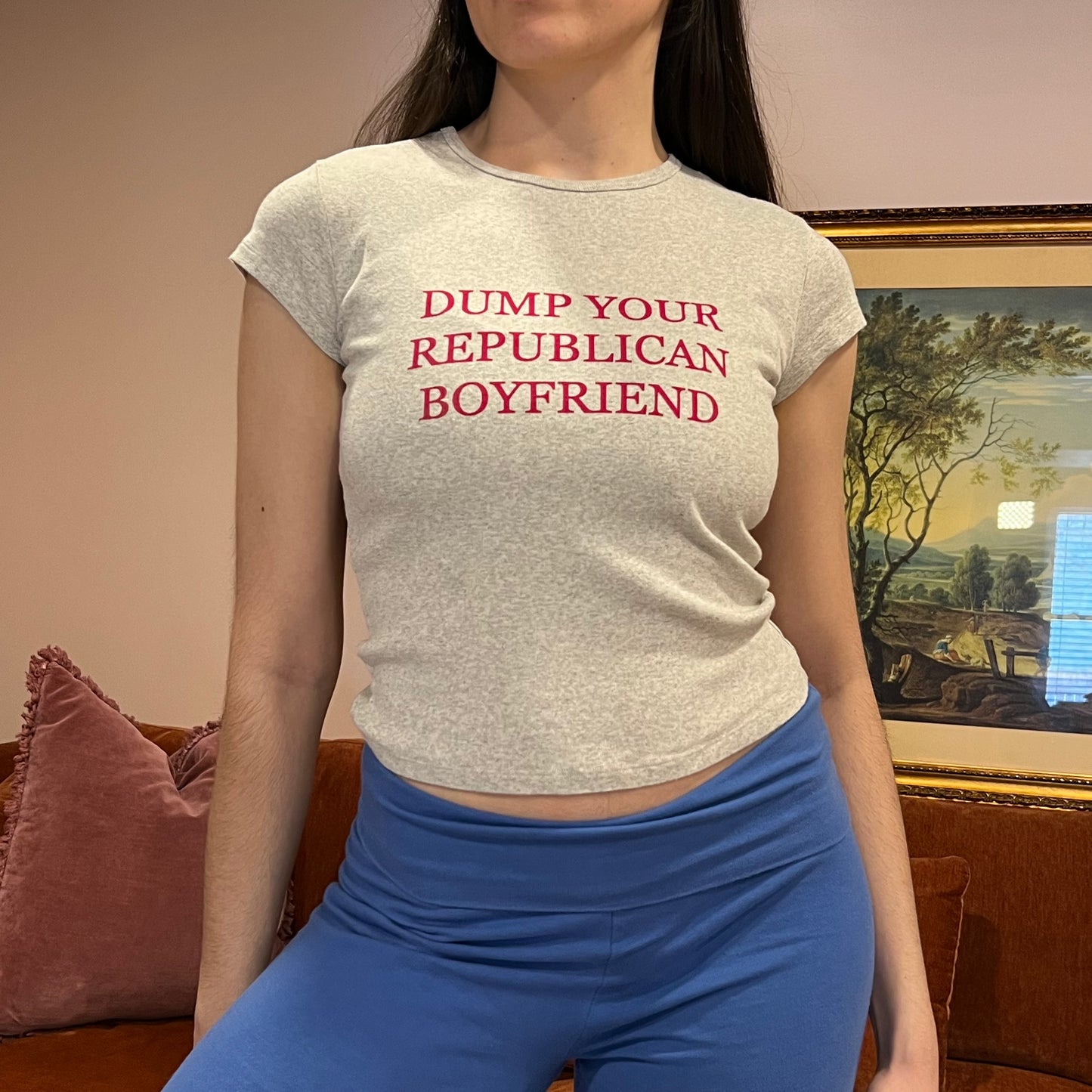 DUMP YOUR REPUBLICAN BOYFRIEND grey t-shirt with red text (S)