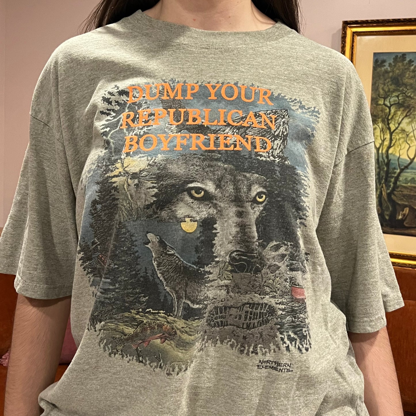 DUMP YOUR REPUBLICAN BOYFRIEND animal t-shirt with orange text (XL)