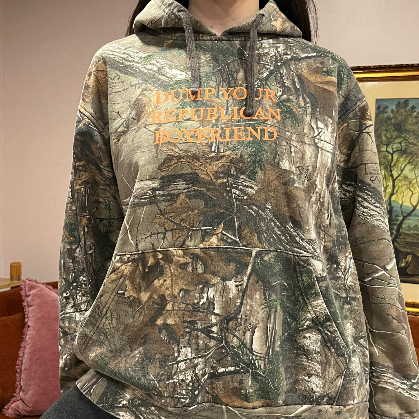 DUMP YOUR REPUBLICAN BOYFRIEND camo hoodie with orange text (XL)