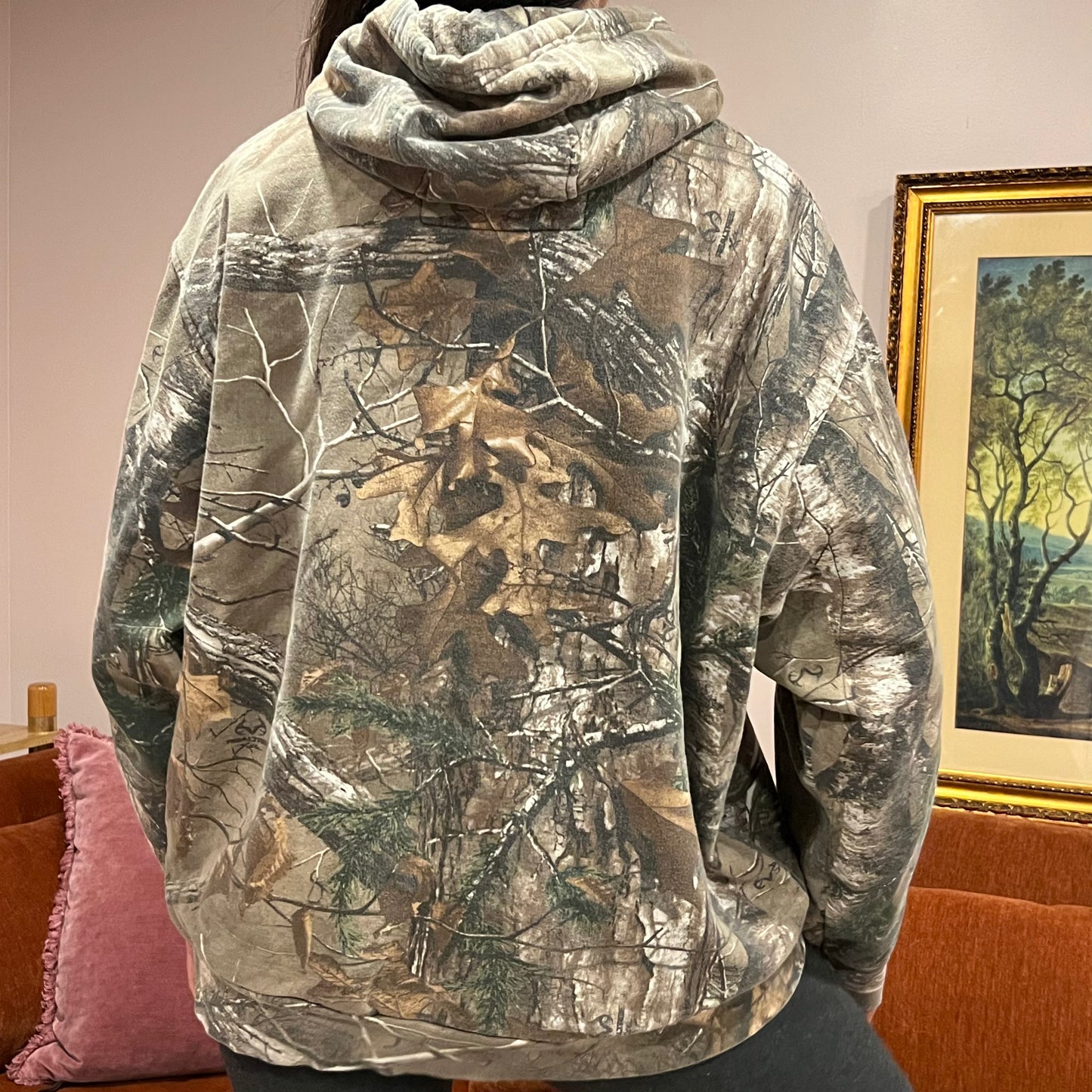 DUMP YOUR REPUBLICAN BOYFRIEND camo hoodie with orange text (XL)