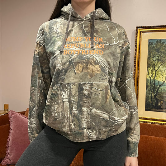 DUMP YOUR REPUBLICAN BOYFRIEND camo hoodie with orange text (M)