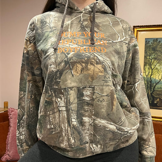 DUMP YOUR REPUBLICAN BOYFRIEND camo hoodie with orange text (M)