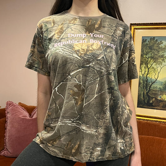 DUMP YOUR REPUBLICAN BOYFRIEND camo t-shirt with pink text (XL)
