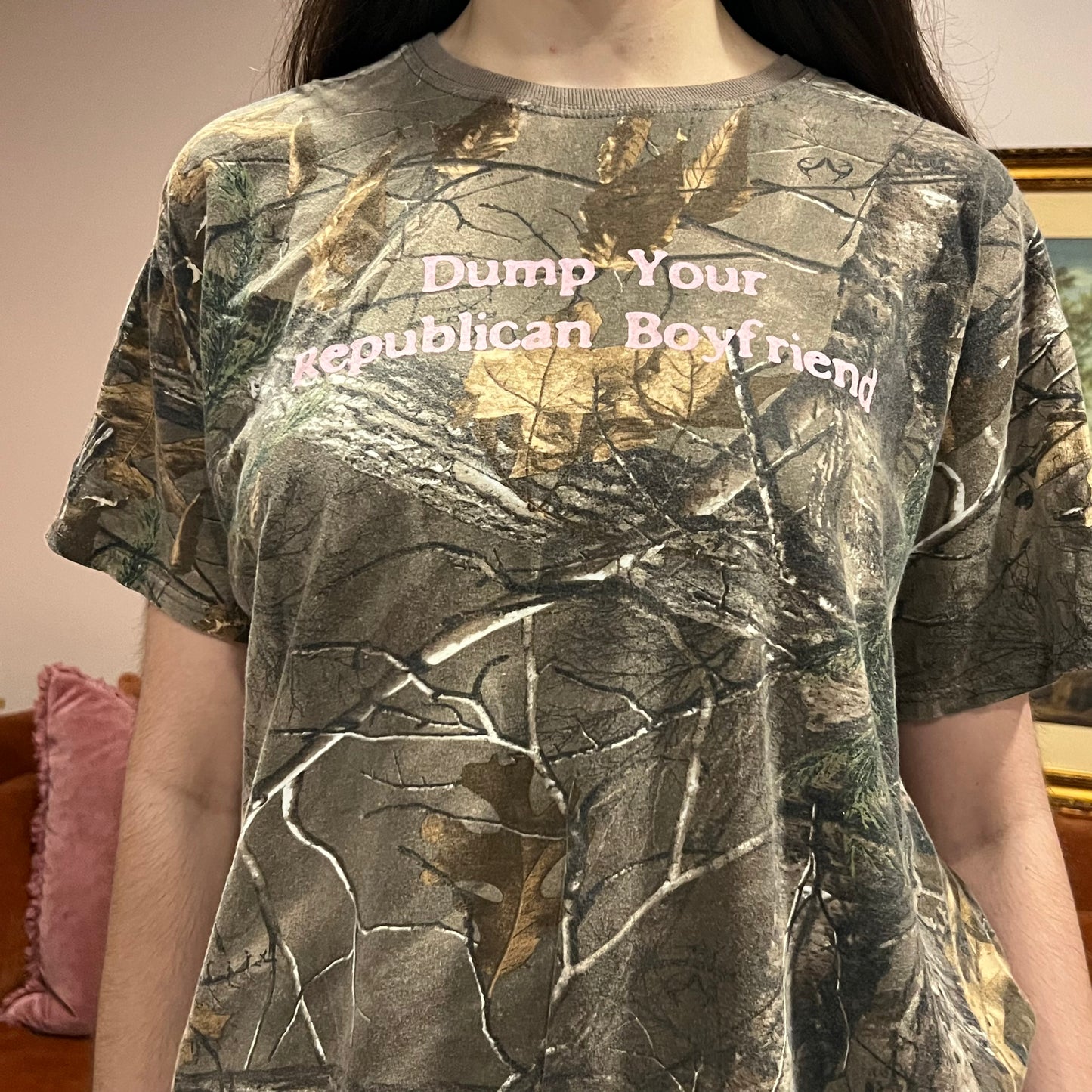DUMP YOUR REPUBLICAN BOYFRIEND camo t-shirt with pink text (XL)