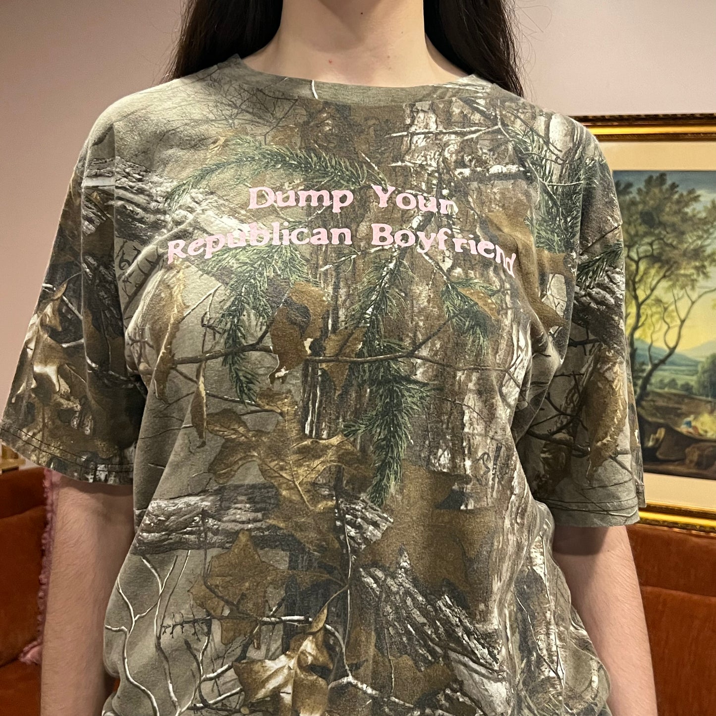 DUMP YOUR REPUBLICAN BOYFRIEND camo t-shirt with pink text (L)