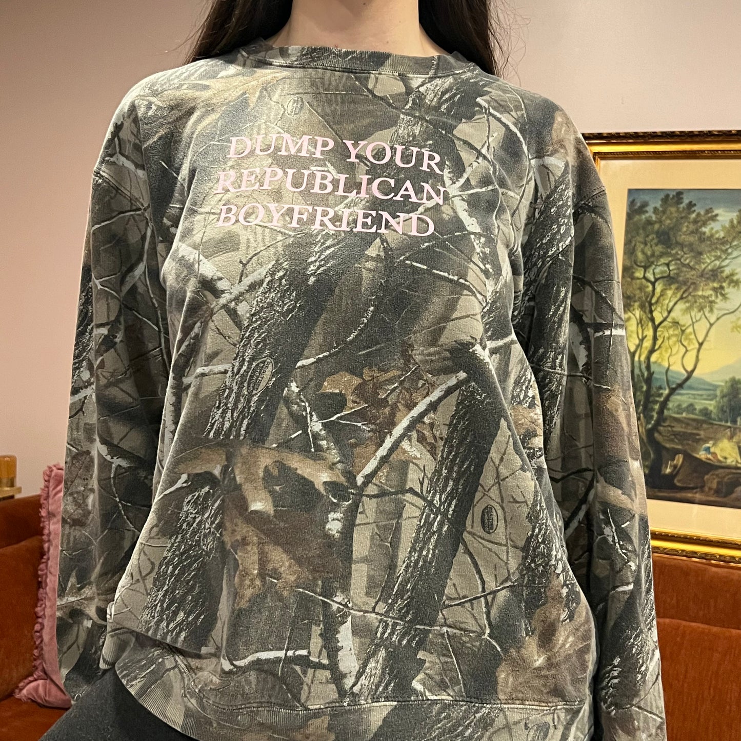 DUMP YOUR REPUBLICAN BOYFRIEND camo crewneck with pink text (L)