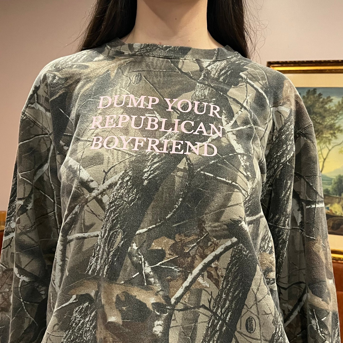 DUMP YOUR REPUBLICAN BOYFRIEND camo crewneck with pink text (L)