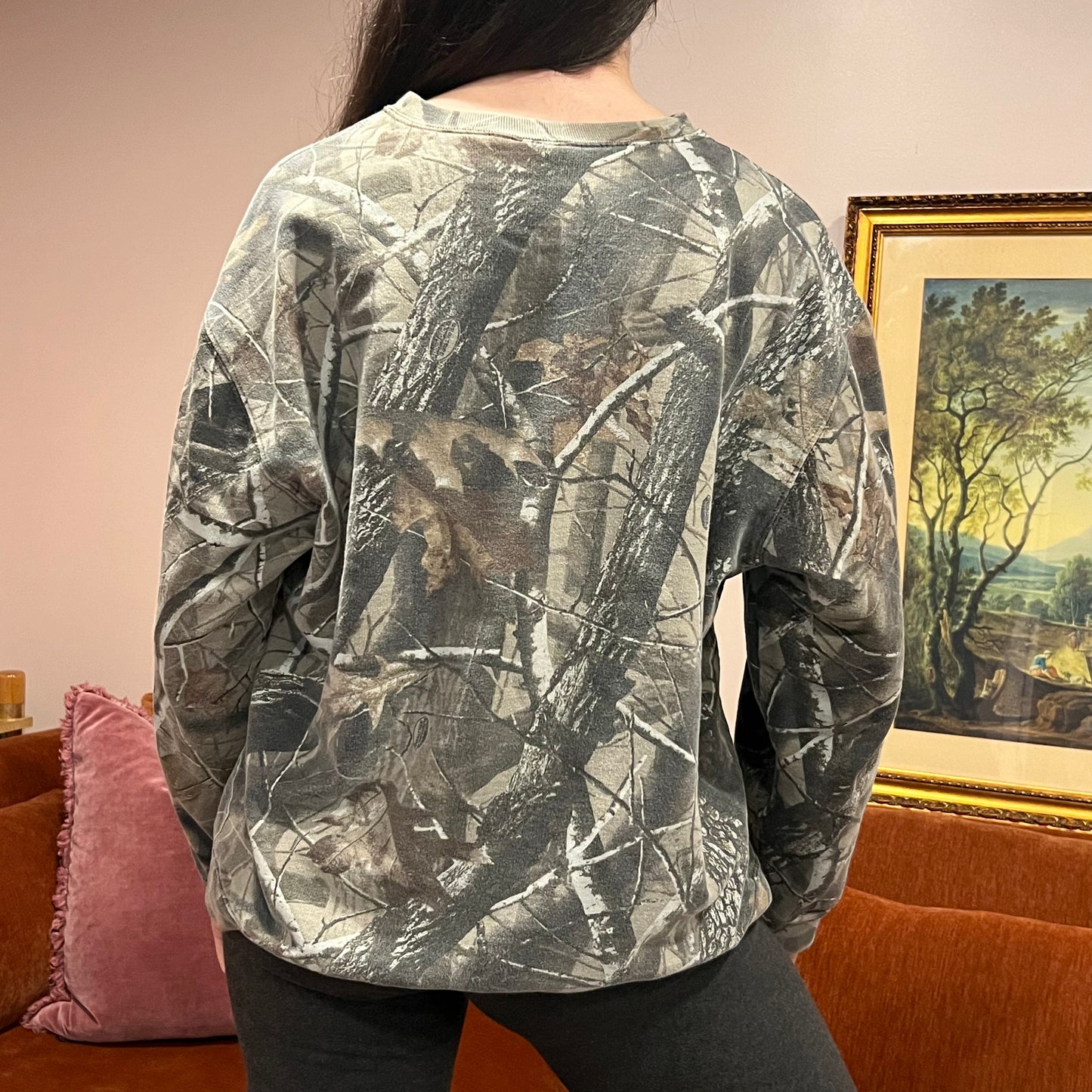 DUMP YOUR REPUBLICAN BOYFRIEND camo crewneck with pink text (L)