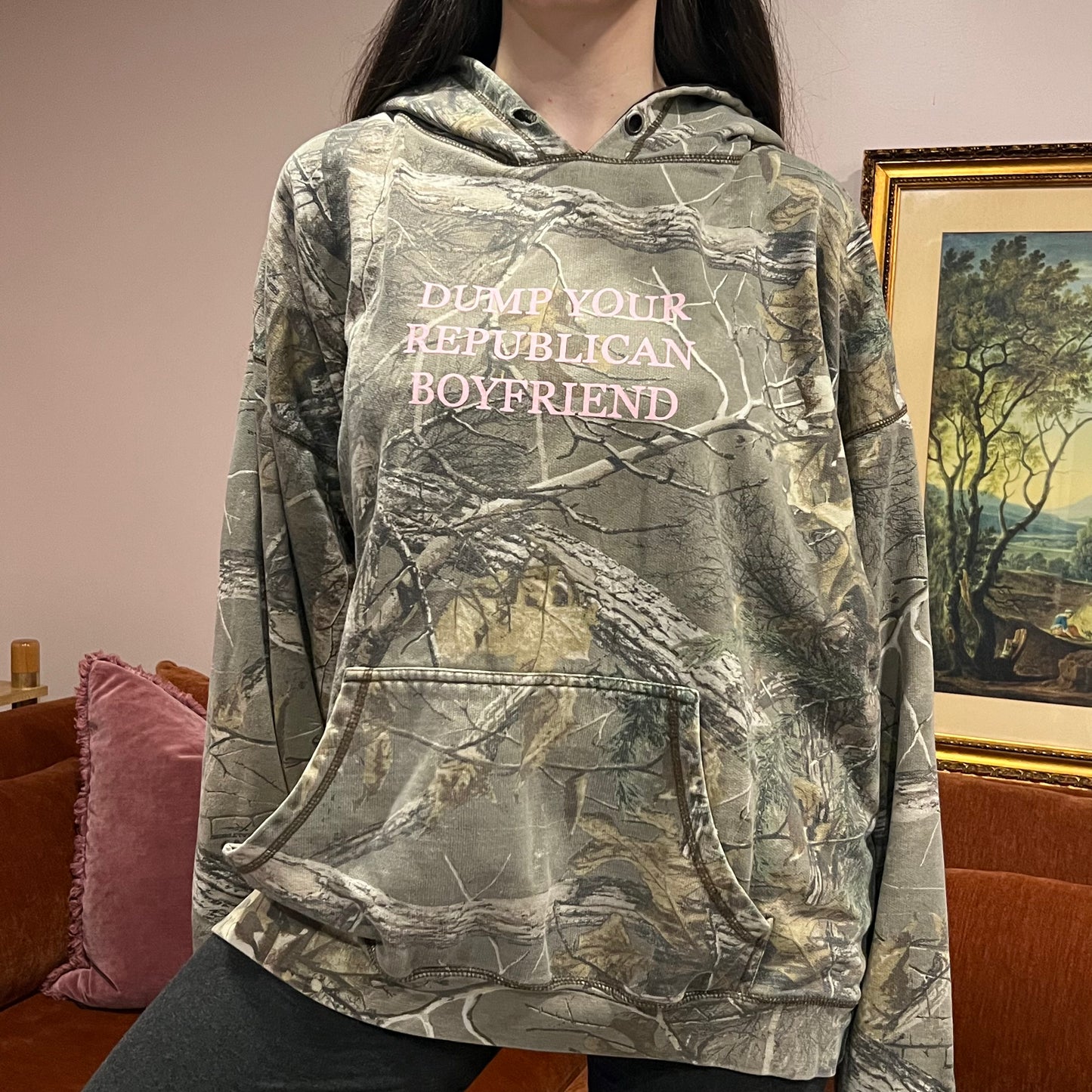 DUMP YOUR REPUBLICAN BOYFRIEND camo hoodie with pink text (2XL)