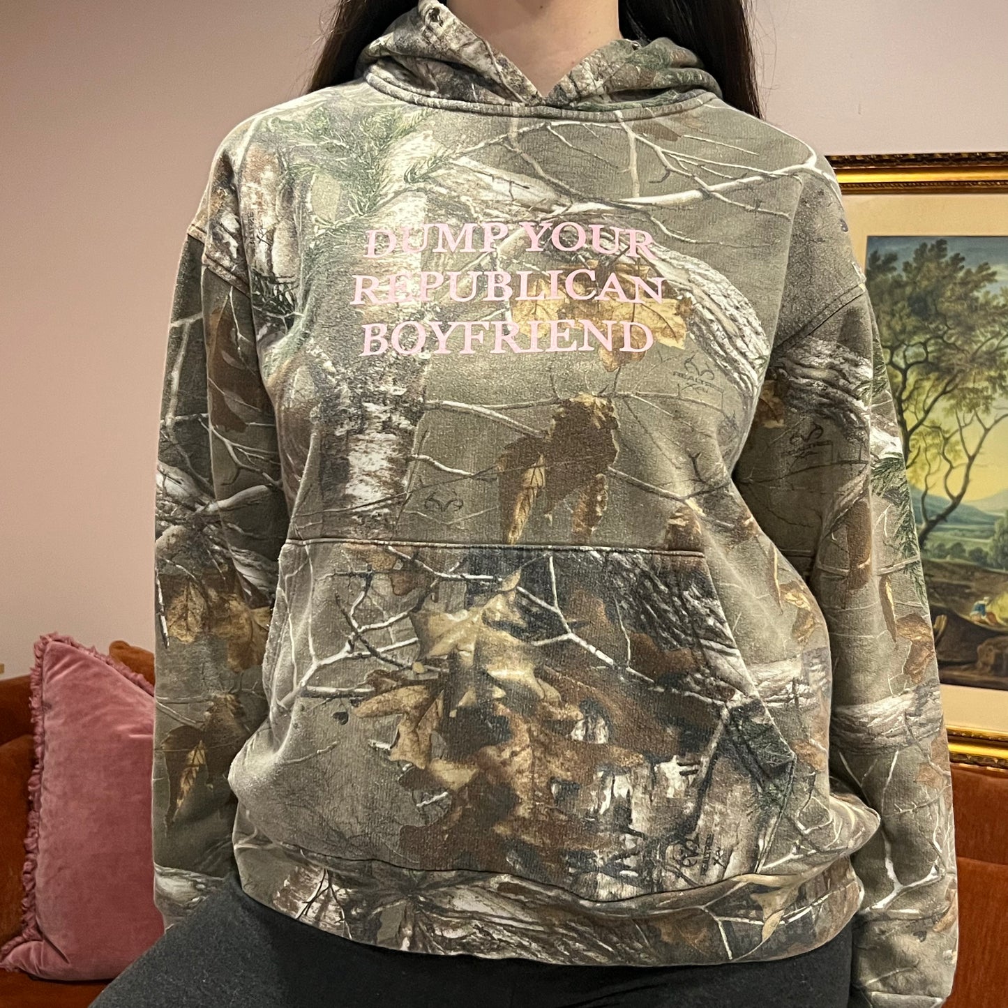 DUMP YOUR REPUBLICAN BOYFRIEND camo hoodie with pink text (L)