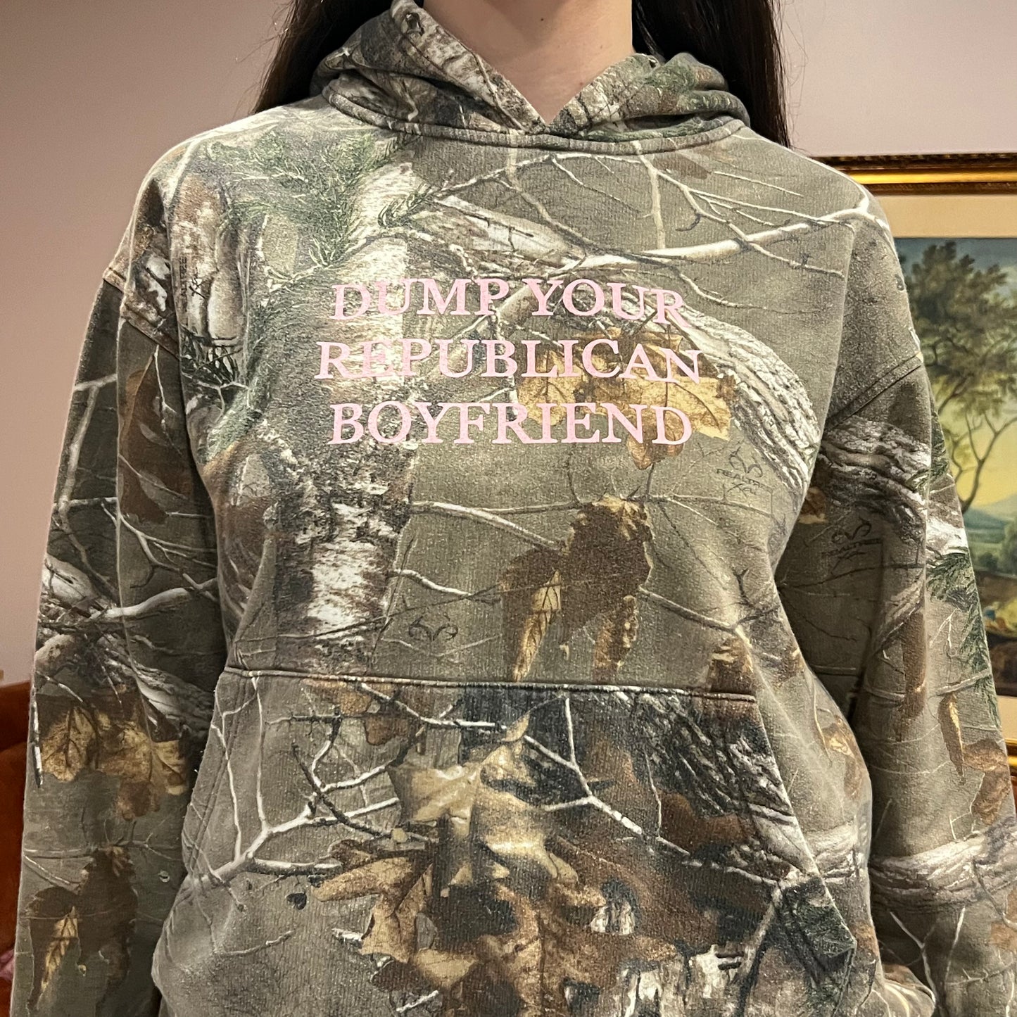 DUMP YOUR REPUBLICAN BOYFRIEND camo hoodie with pink text (L)