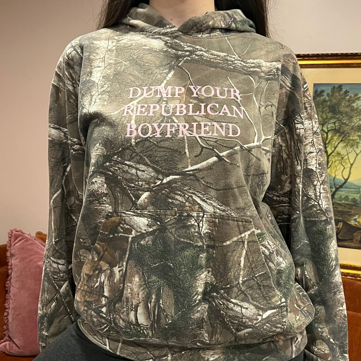 DUMP YOUR REPUBLICAN BOYFRIEND camo hoodie with pink text (L)