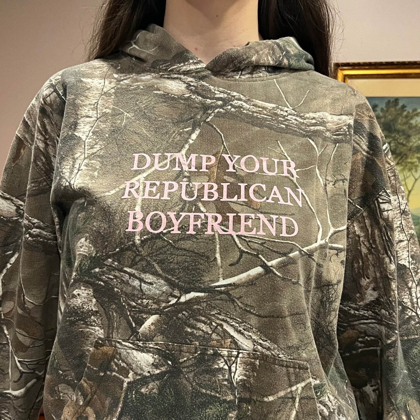 DUMP YOUR REPUBLICAN BOYFRIEND camo hoodie with pink text (L)