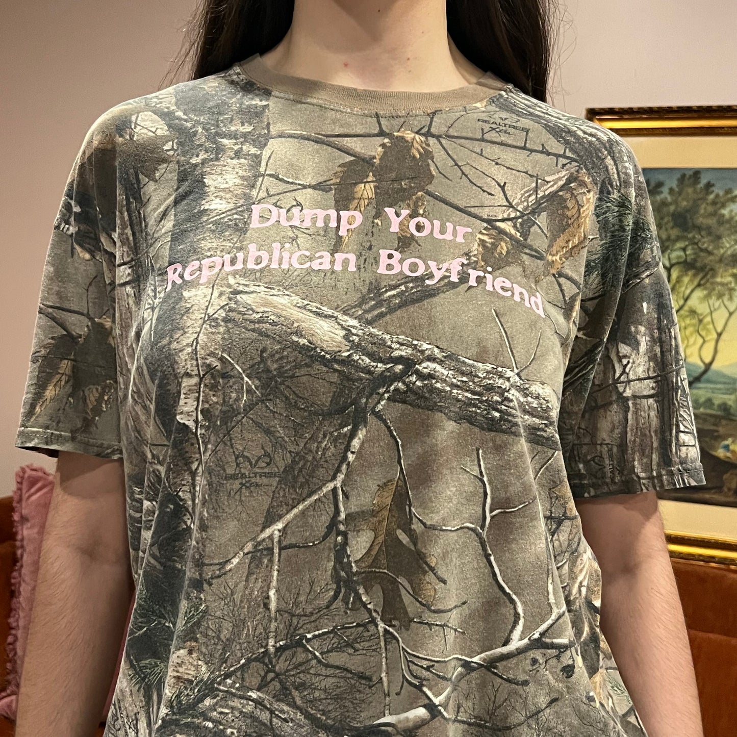 DUMP YOUR REPUBLICAN BOYFRIEND camo t-shirt with pink text (XL)