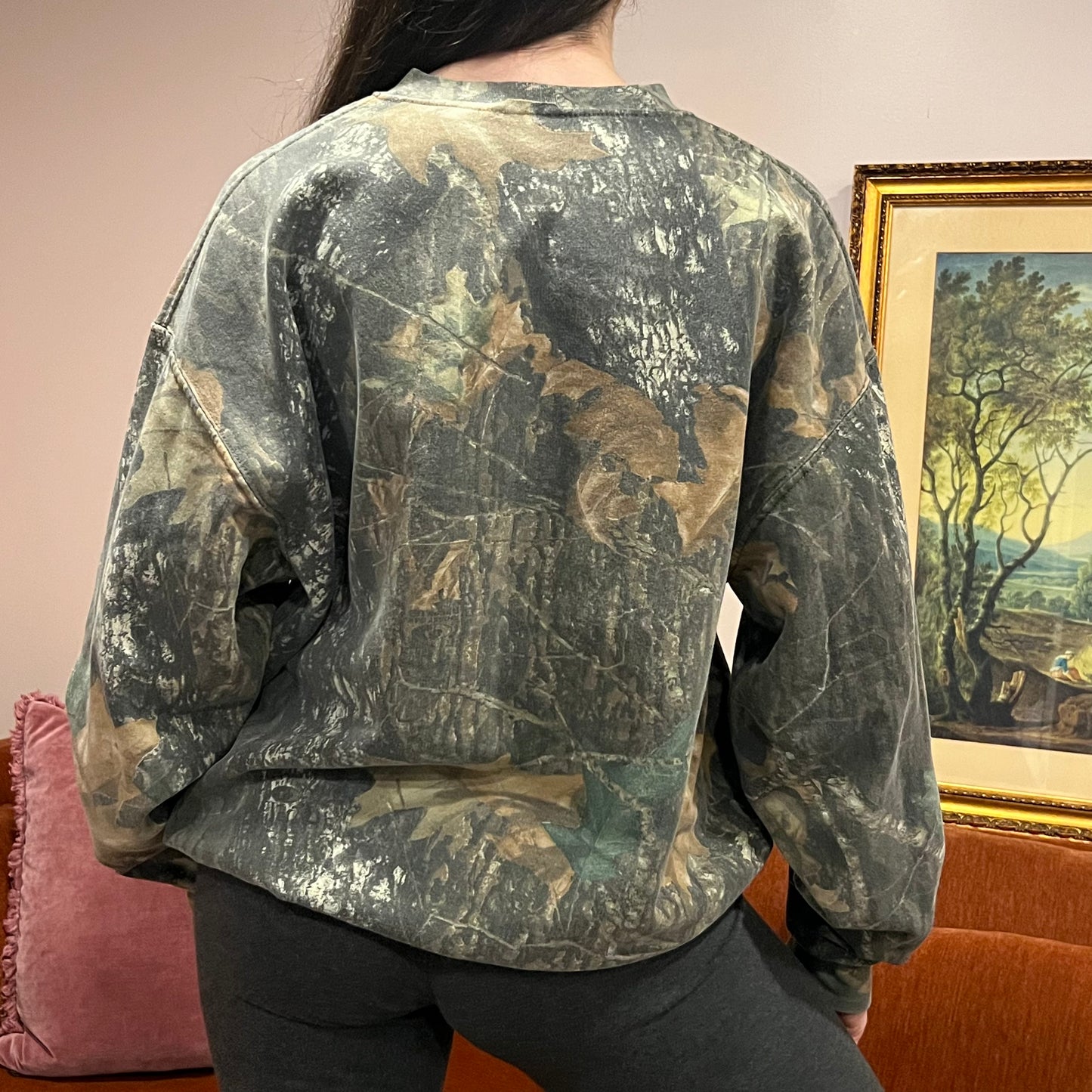 DUMP YOUR REPUBLICAN BOYFRIEND camo crewneck with pink text (XL)