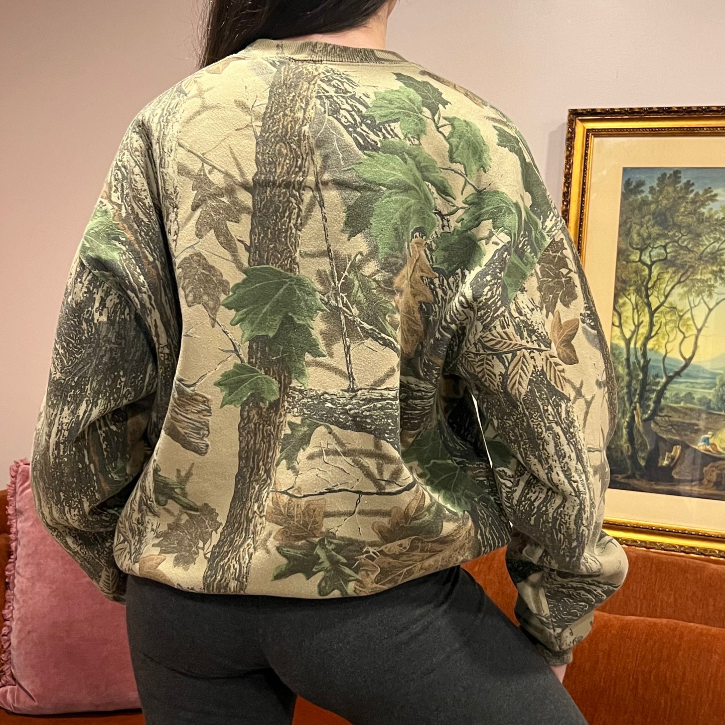 DUMP YOUR REPUBLICAN BOYFRIEND camo crewneck with pink text (XL)