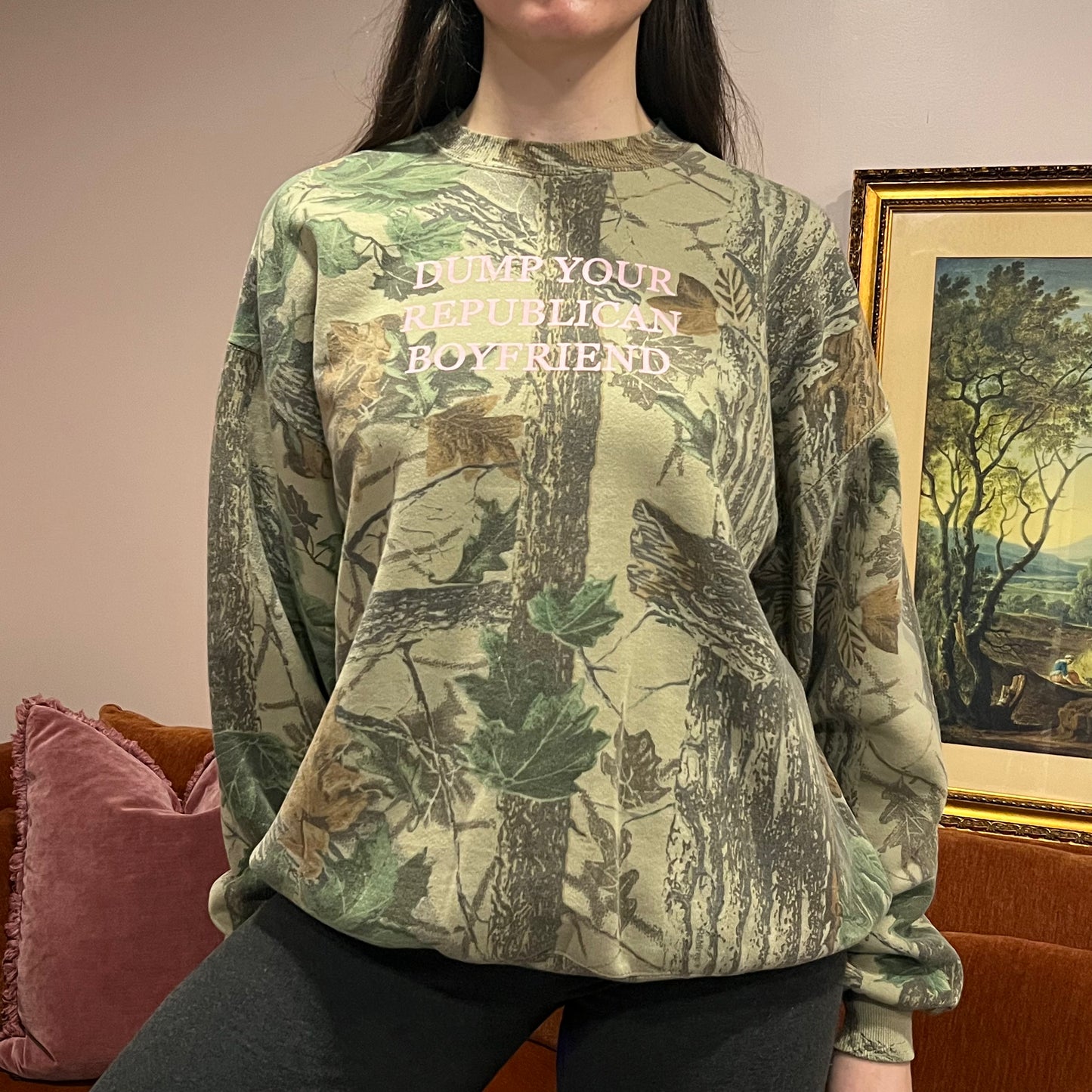 DUMP YOUR REPUBLICAN BOYFRIEND camo crewneck with pink text (XL)