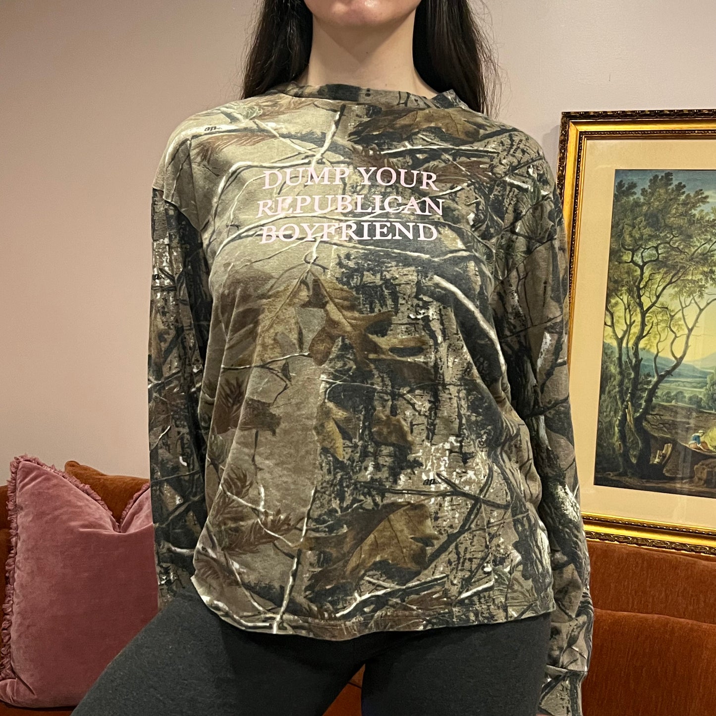 DUMP YOUR REPUBLICAN BOYFRIEND camo long sleeve t-shirt with pink text (L)
