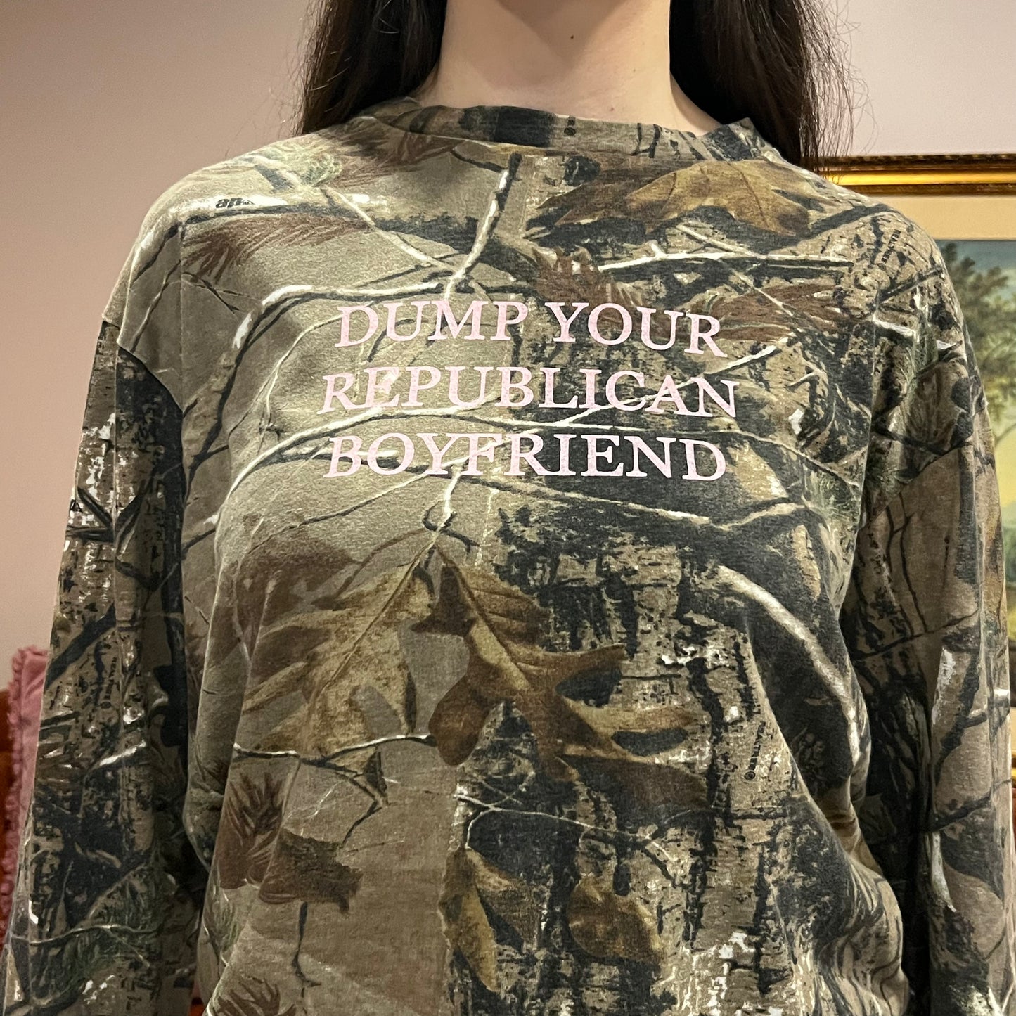 DUMP YOUR REPUBLICAN BOYFRIEND camo long sleeve t-shirt with pink text (L)