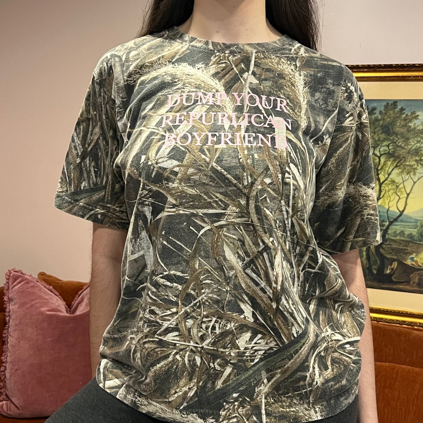 DUMP YOUR REPUBLICAN BOYFRIEND camo t-shirt with pink text (M)