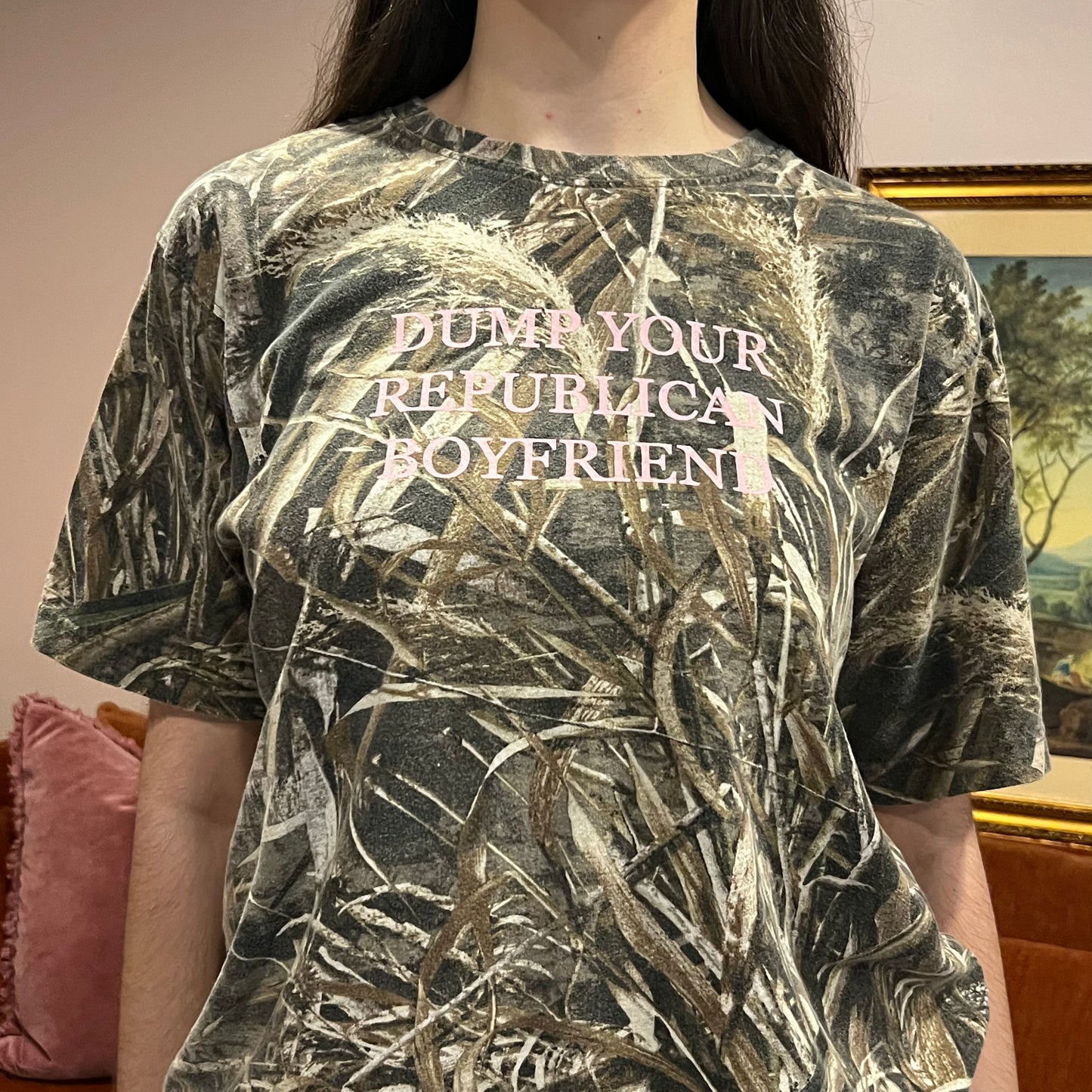 DUMP YOUR REPUBLICAN BOYFRIEND camo t-shirt with pink text (M)