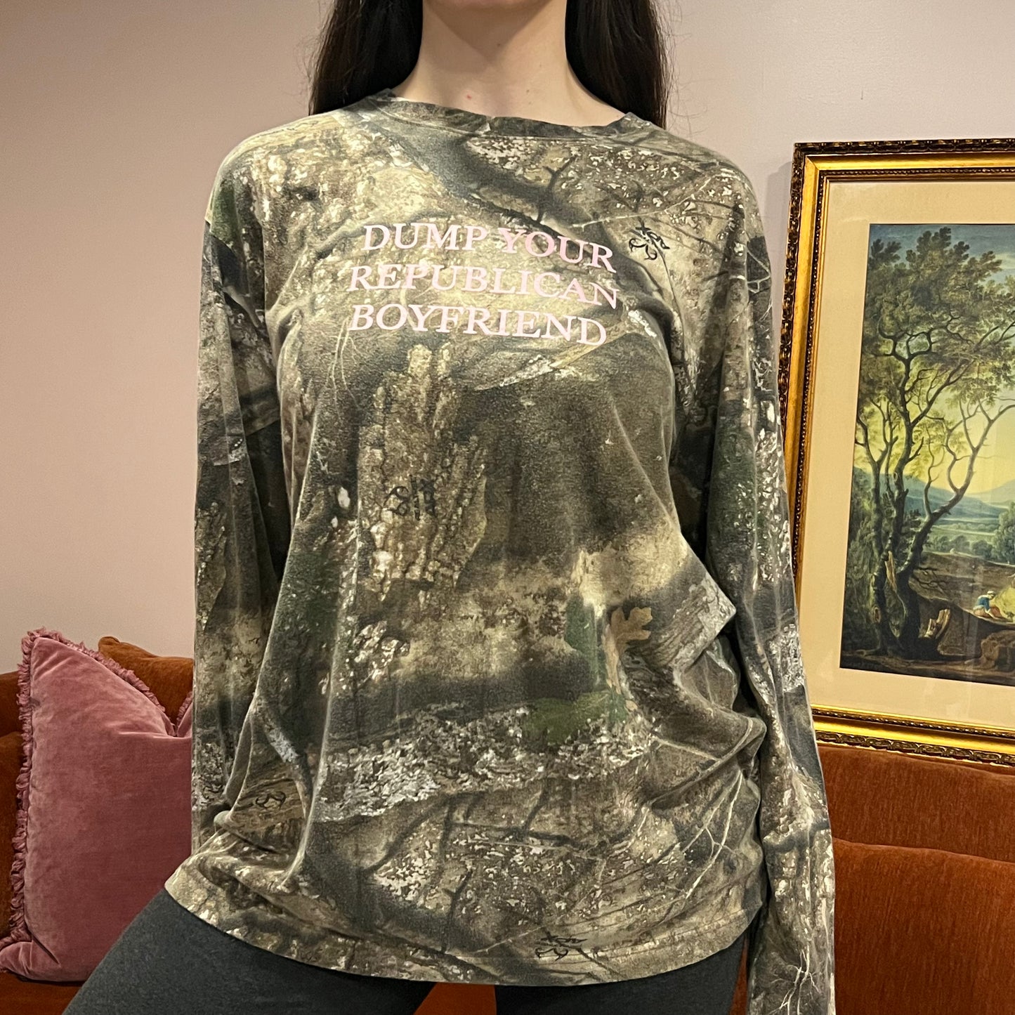 DUMP YOUR REPUBLICAN BOYFRIEND camo long sleeve t-shirt with pink text (XL)