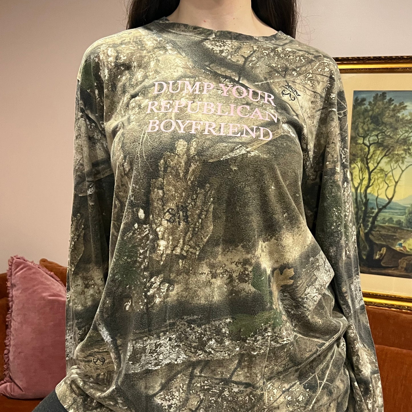 DUMP YOUR REPUBLICAN BOYFRIEND camo long sleeve t-shirt with pink text (XL)