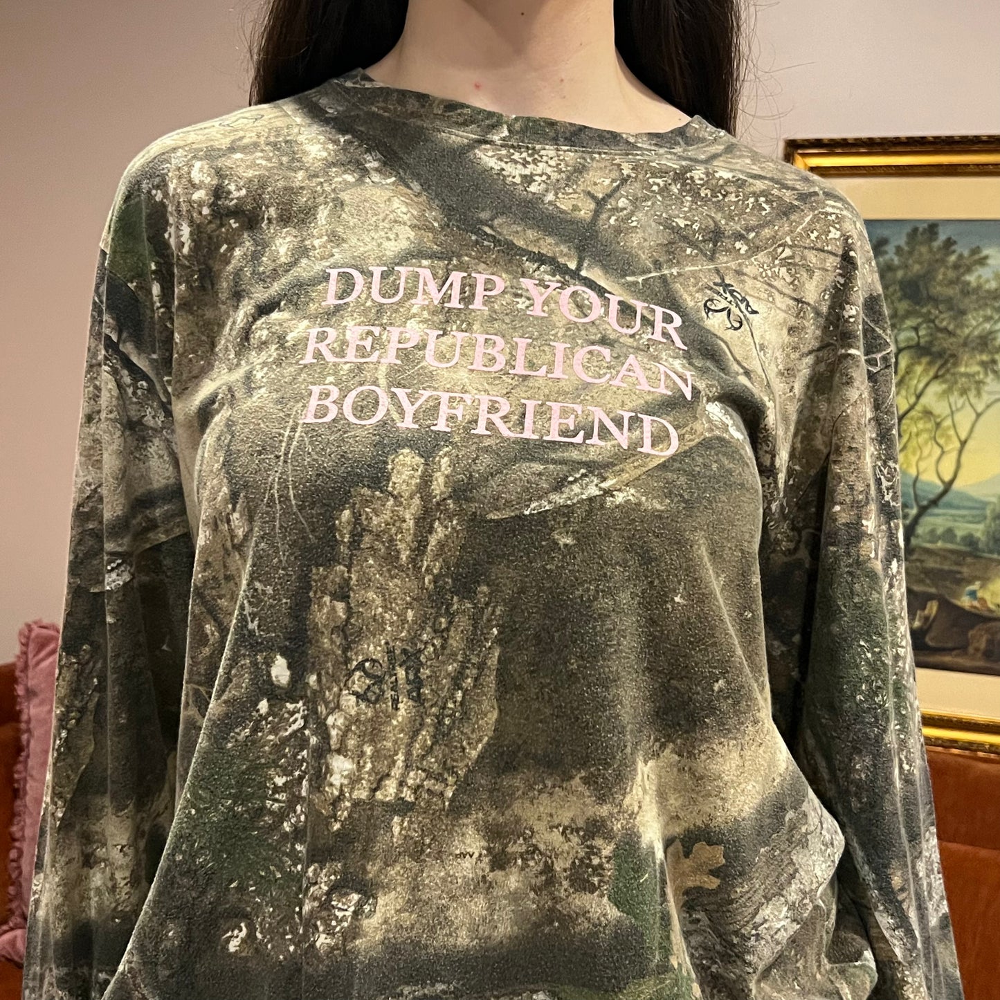 DUMP YOUR REPUBLICAN BOYFRIEND camo long sleeve t-shirt with pink text (XL)
