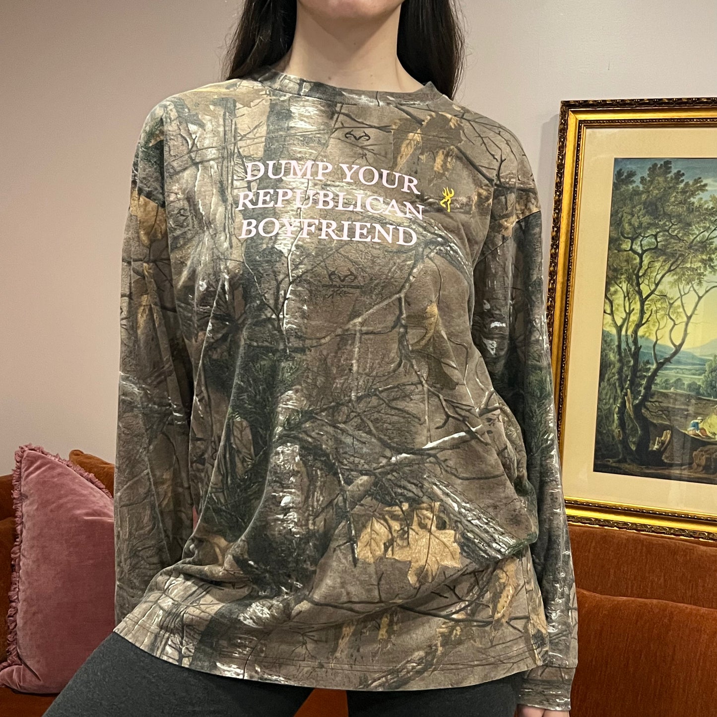 DUMP YOUR REPUBLICAN BOYFRIEND camo long sleeve t-shirt with pink text (XL)