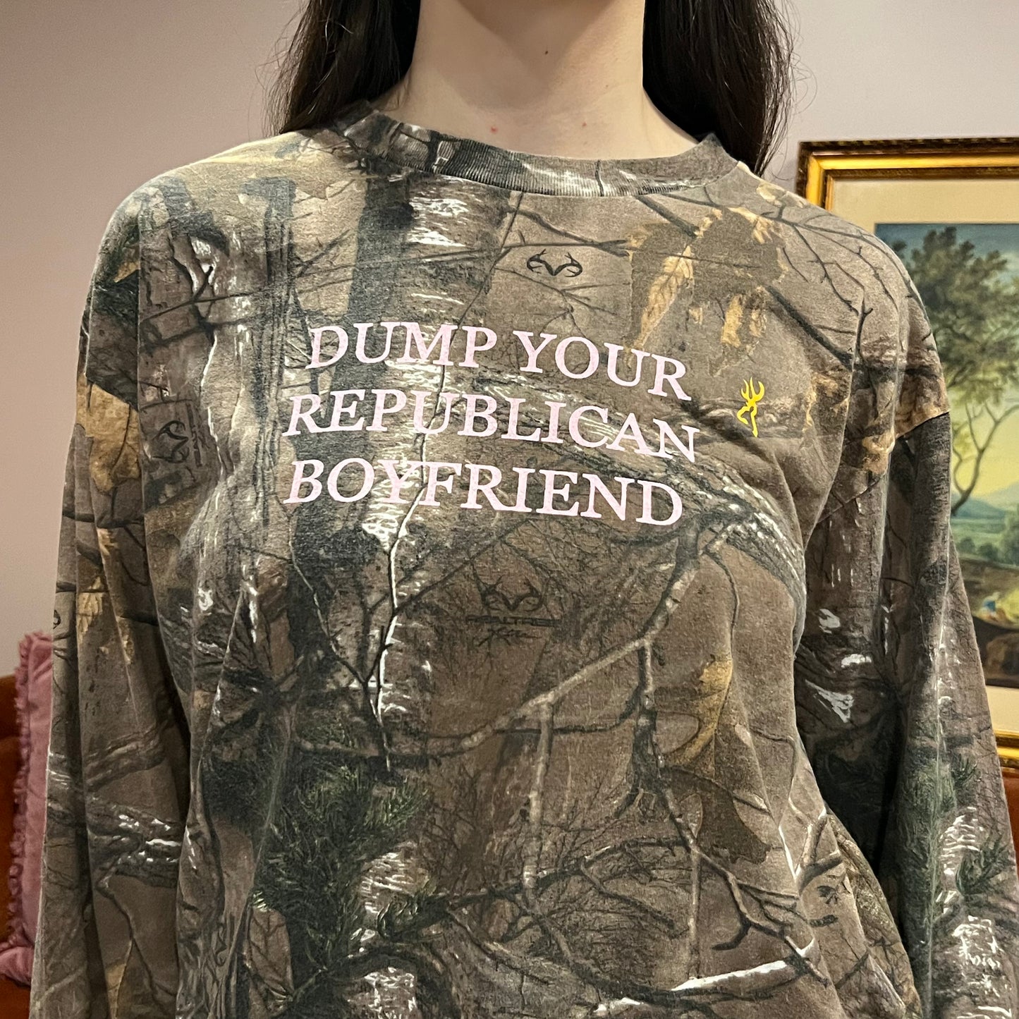 DUMP YOUR REPUBLICAN BOYFRIEND camo long sleeve t-shirt with pink text (XL)