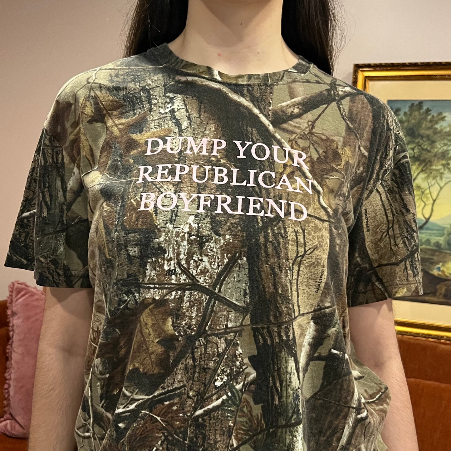 DUMP YOUR REPUBLICAN BOYFRIEND camo t-shirt with pink text (L)