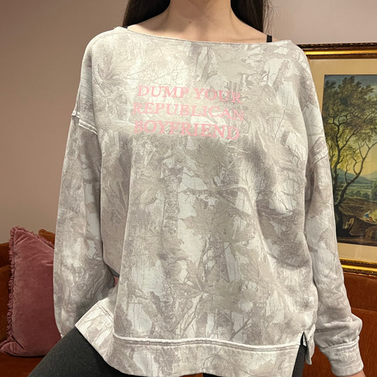 DUMP YOUR REPUBLICAN BOYFRIEND white camo crewneck with pink text (L)
