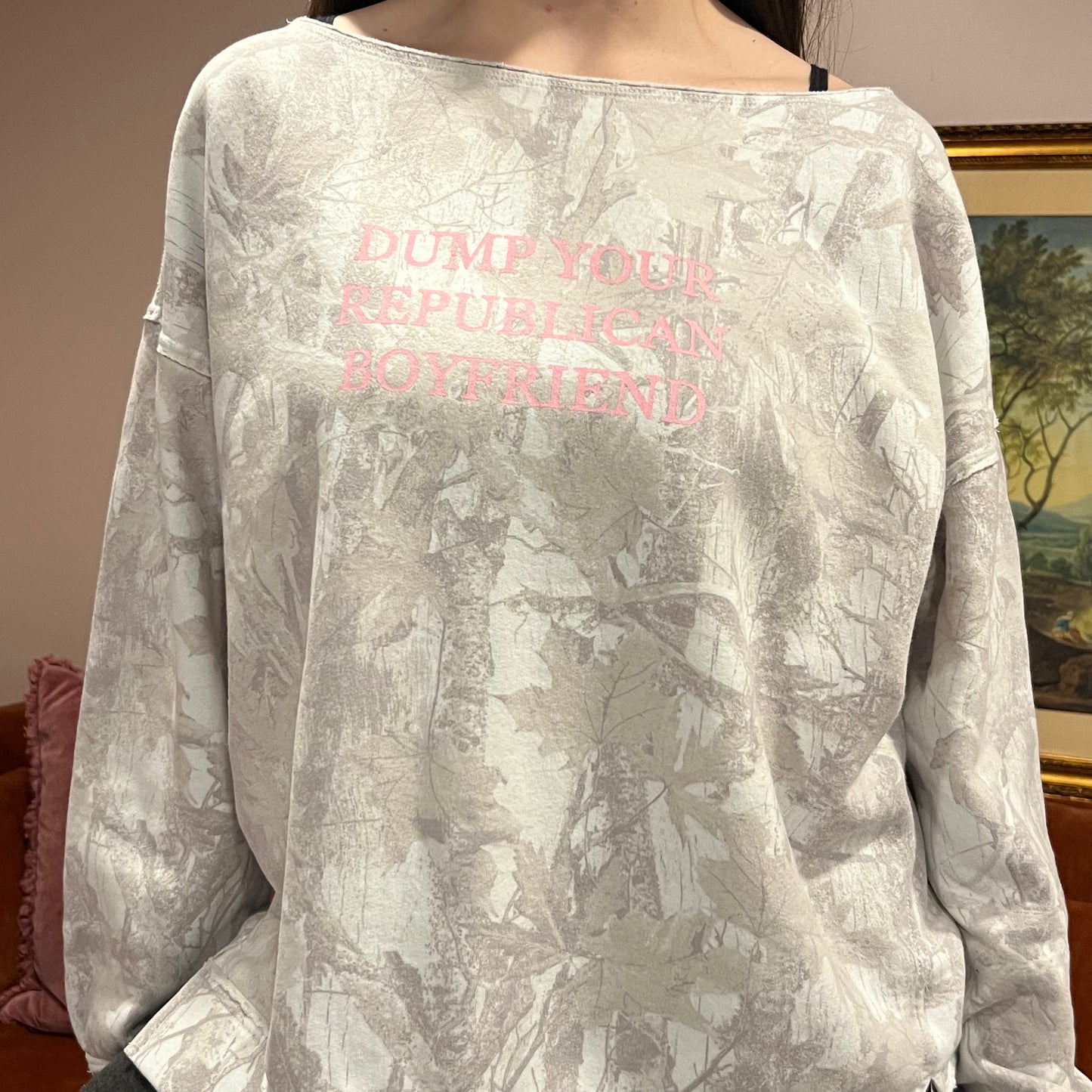DUMP YOUR REPUBLICAN BOYFRIEND white camo crewneck with pink text (L)