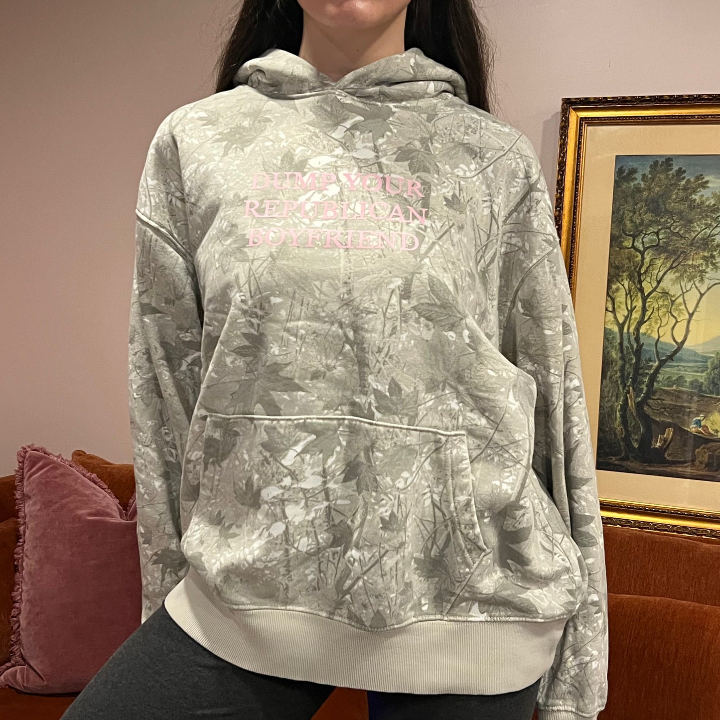 DUMP YOUR REPUBLICAN BOYFRIEND white camo hoodie with pink text (XL)