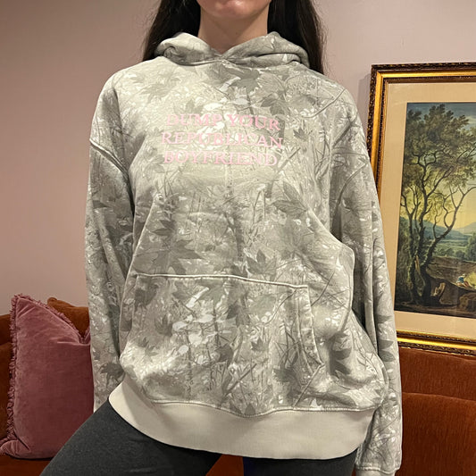 DUMP YOUR REPUBLICAN BOYFRIEND white camo hoodie with pink text (XL)